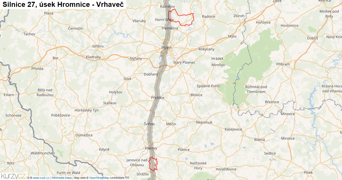 Úsek Hromnice - Vrhaveč, Silnice 27 - Mapa