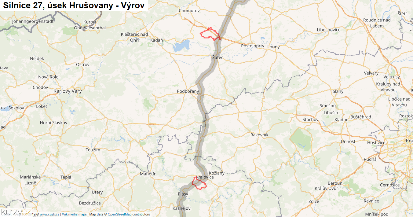 Úsek Hrušovany - Výrov, Silnice 27 - Mapa