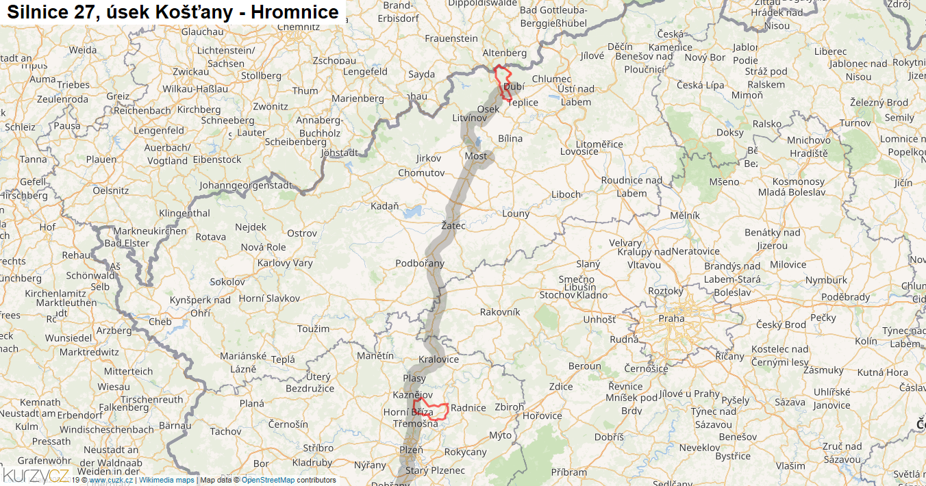 Úsek Košťany - Hromnice, Silnice 27 - Mapa