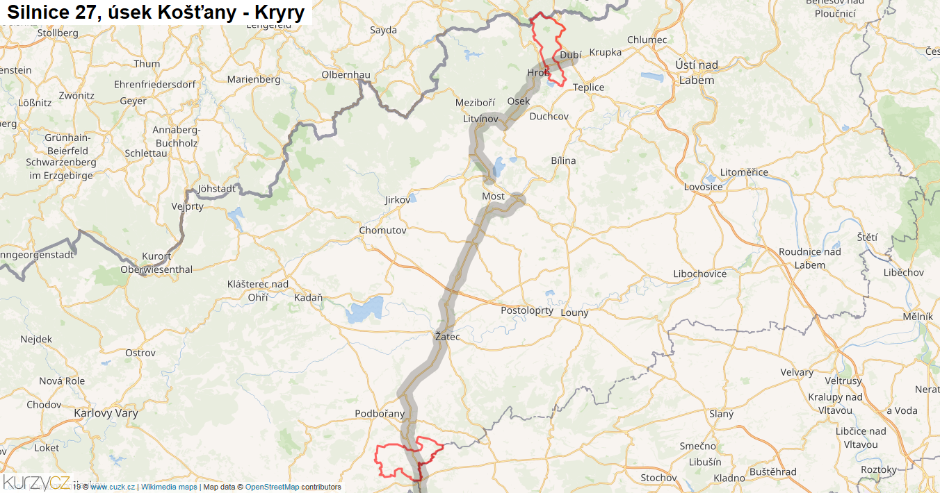 Úsek Košťany - Kryry, Silnice 27 - Mapa