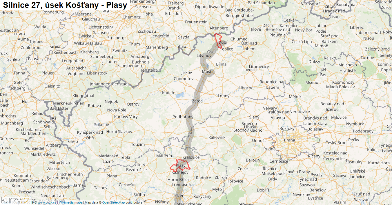Úsek Košťany - Plasy, Silnice 27 - Mapa