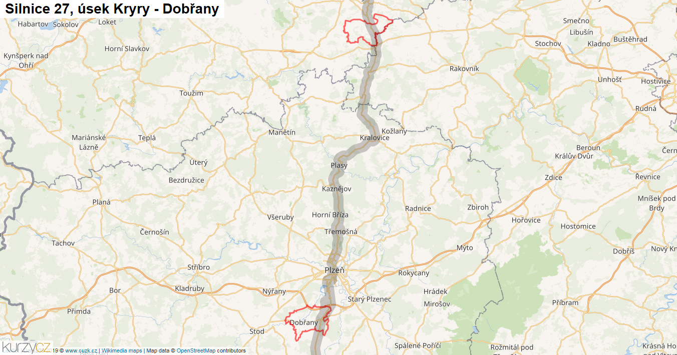 Úsek Kryry - Dobřany, Silnice 27 - Mapa