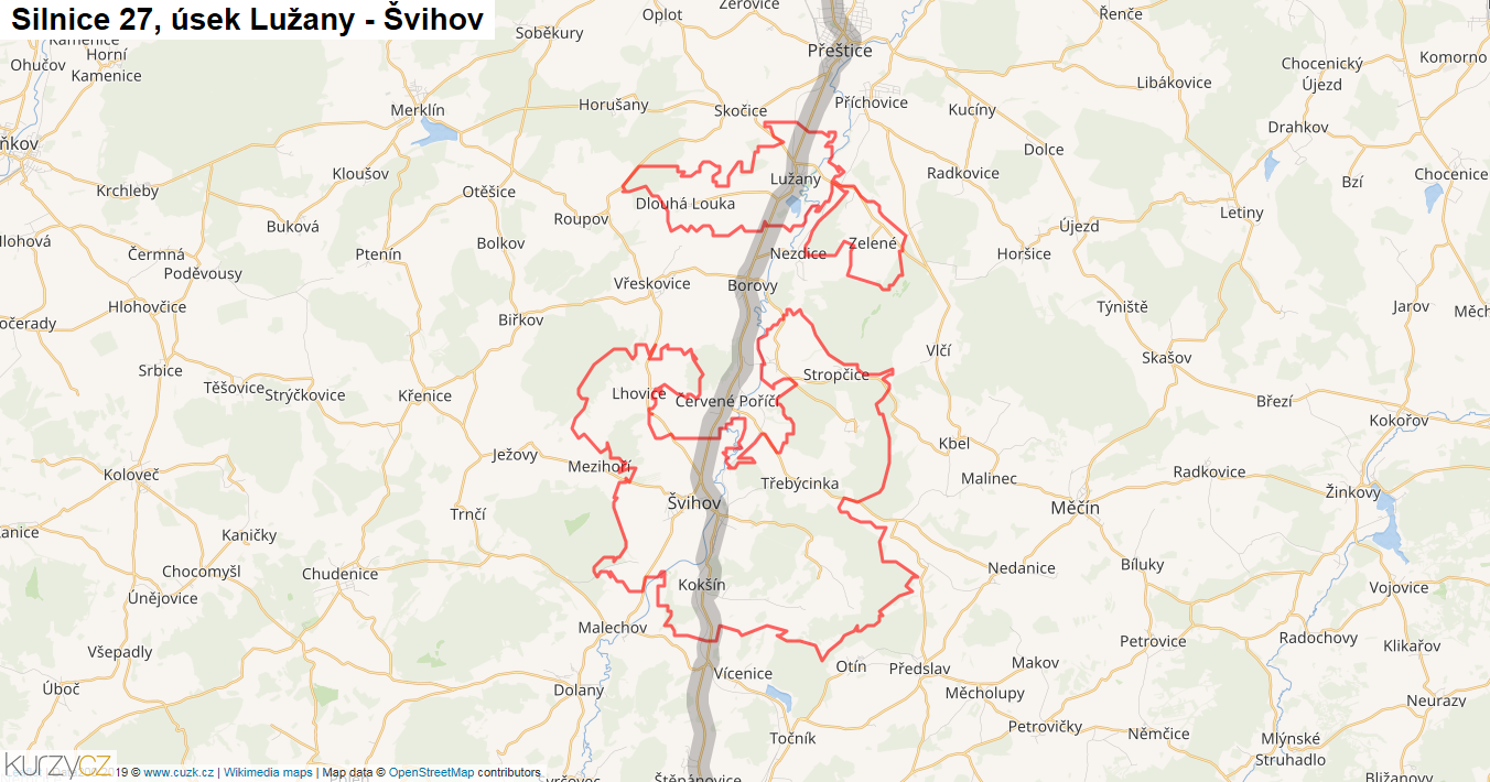 Úsek Lužany - Švihov, Silnice 27 - Mapa