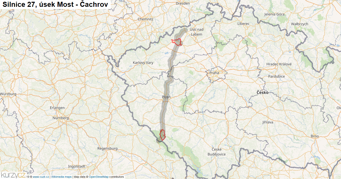 Úsek Most - Čachrov, Silnice 27 - Mapa