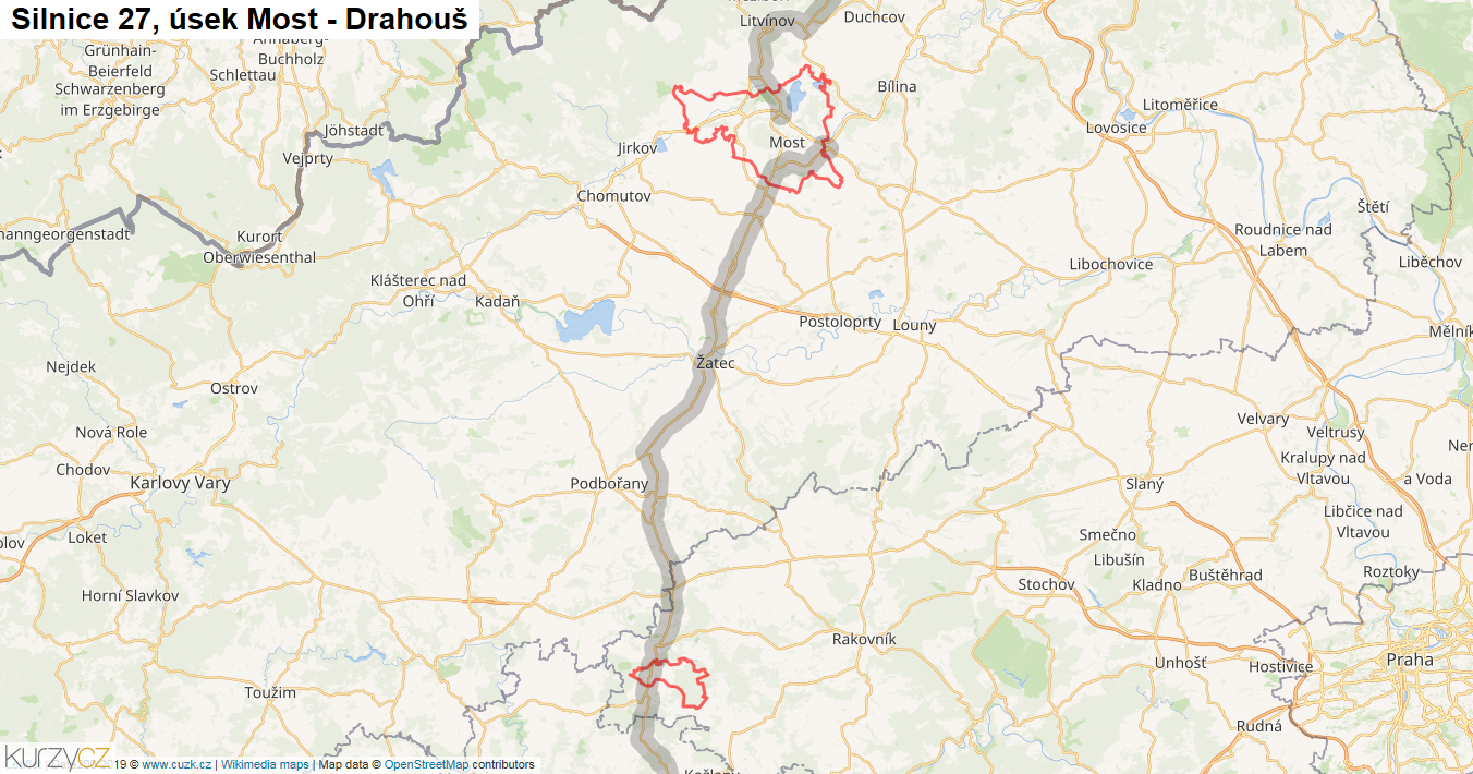 Úsek Most - Drahouš, Silnice 27 - Mapa
