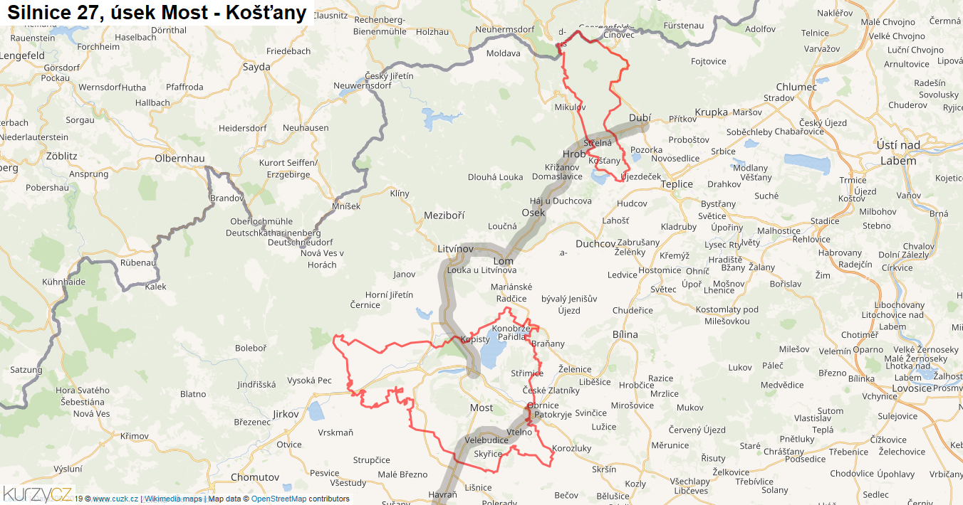 Úsek Most - Košťany, Silnice 27 - Mapa