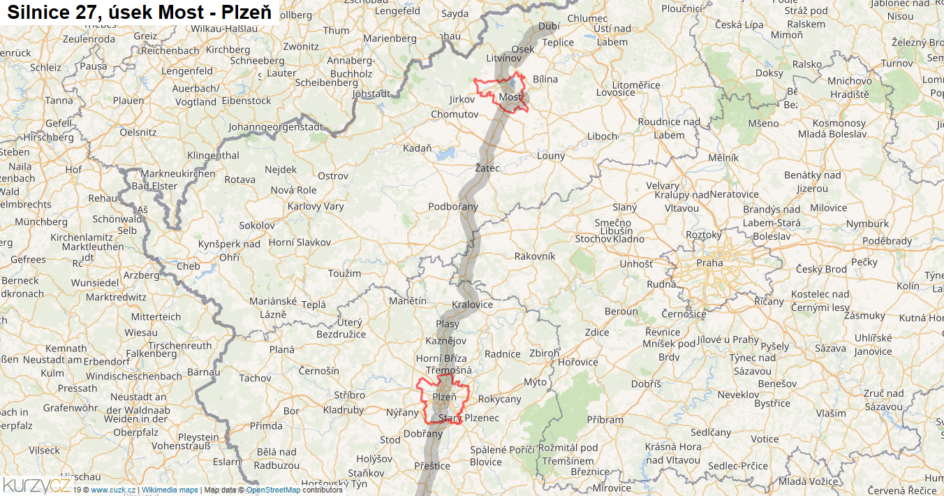 Úsek Most - Plzeň, Silnice 27 - Mapa