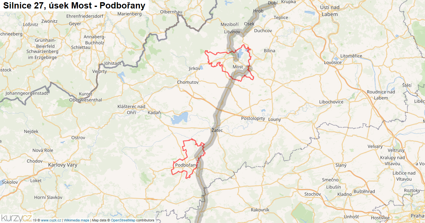 Úsek Most - Podbořany, Silnice 27 - Mapa