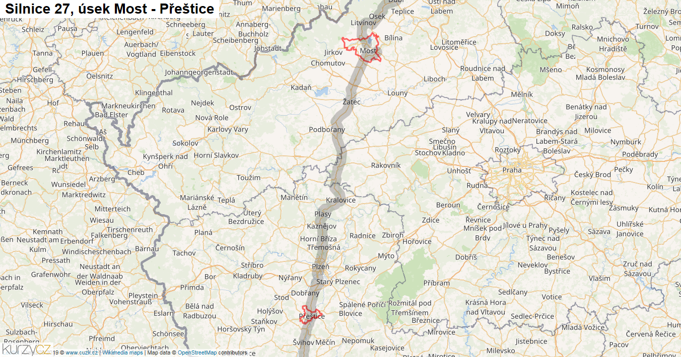 Úsek Most - Přeštice, Silnice 27 - Mapa