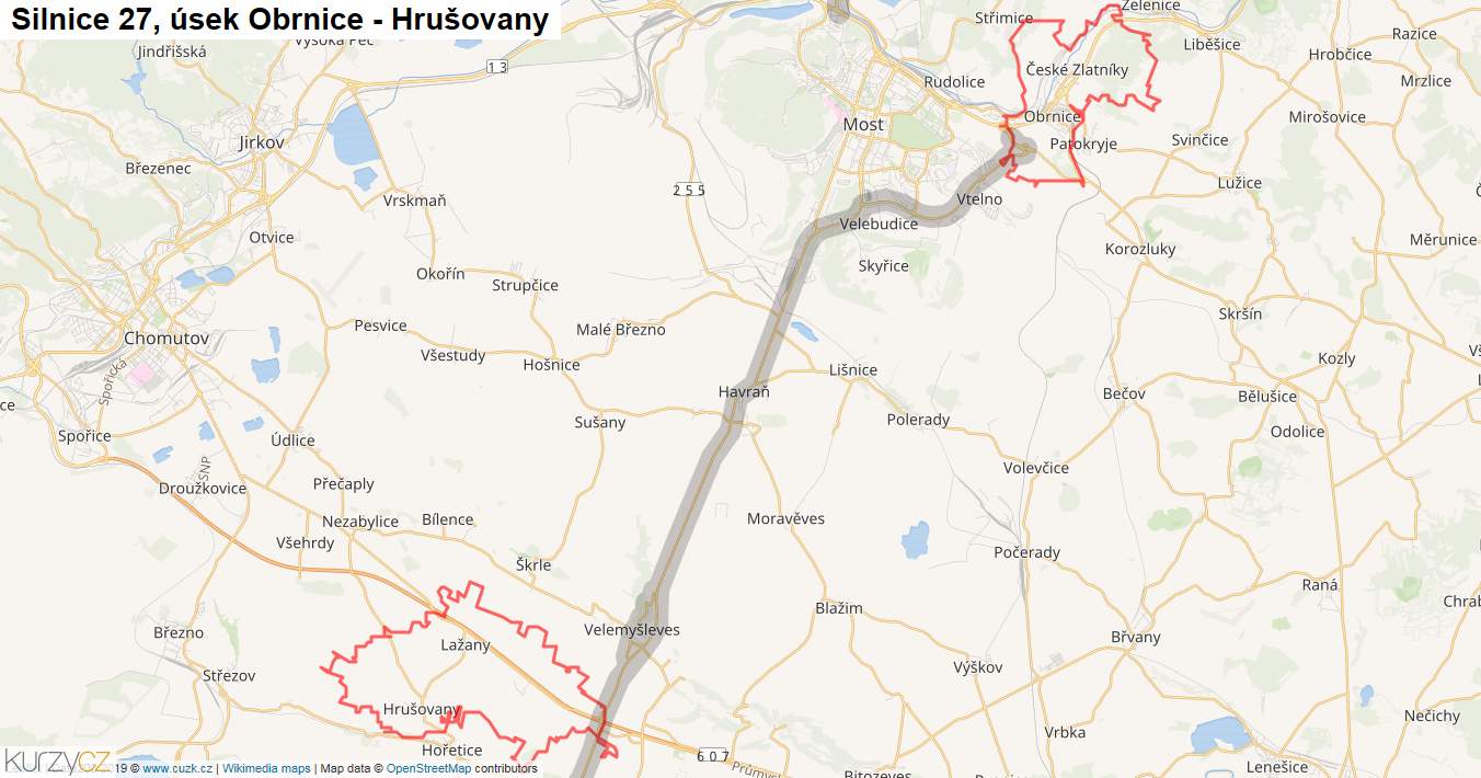 Úsek Obrnice - Hrušovany, Silnice 27 - Mapa
