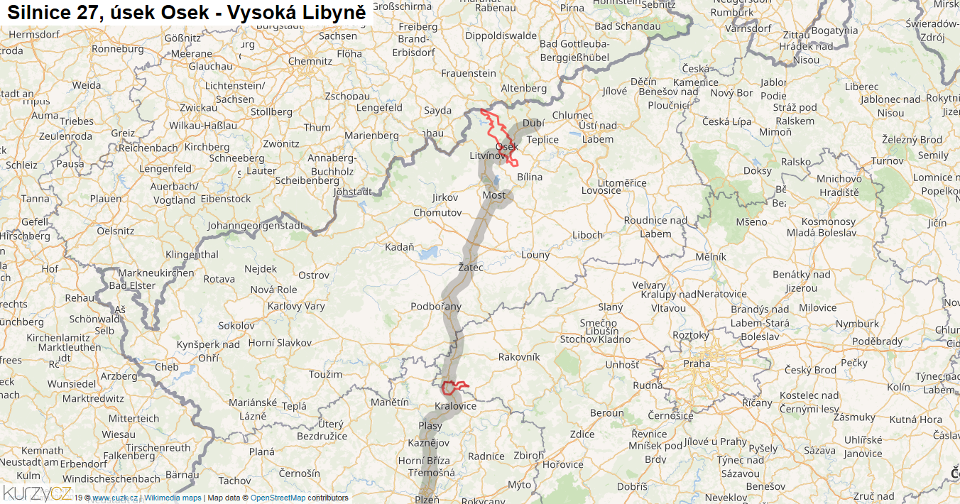 Úsek Osek - Vysoká Libyně, Silnice 27 - Mapa