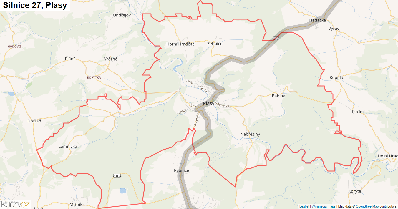Plasy, Silnice 27 - Mapa