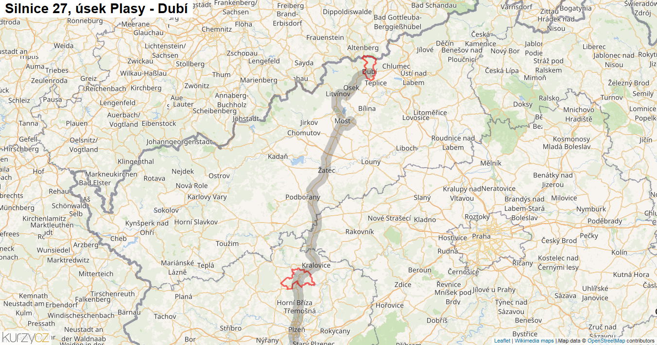 Úsek Plasy - Dubí, Silnice 27 - Mapa