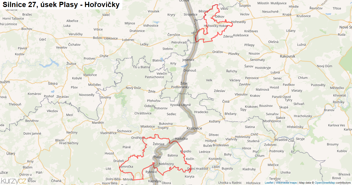 Úsek Plasy - Hořovičky, Silnice 27 - Mapa