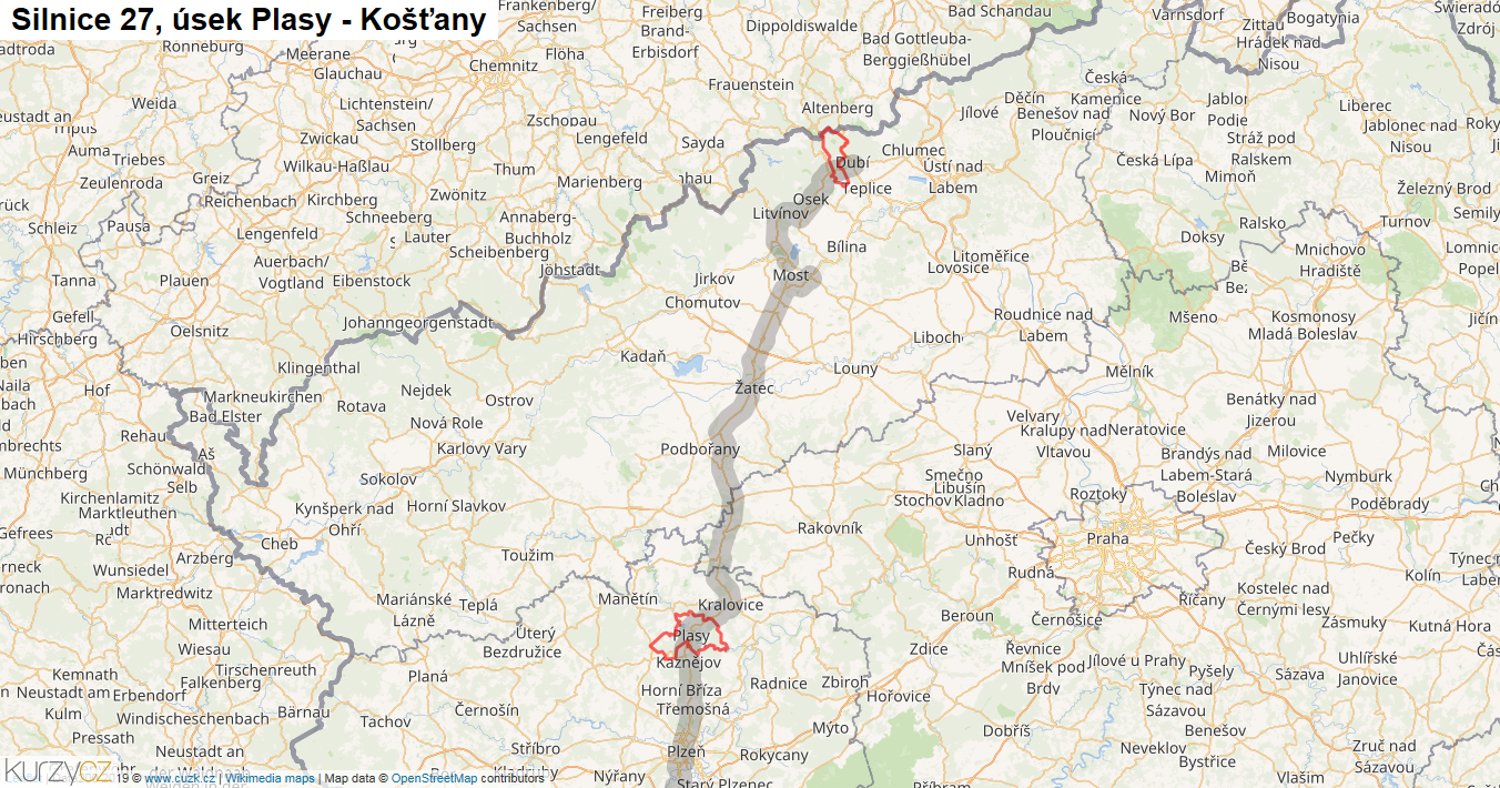 Úsek Plasy - Košťany, Silnice 27 - Mapa