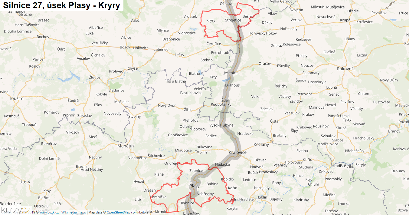 Úsek Plasy - Kryry, Silnice 27 - Mapa