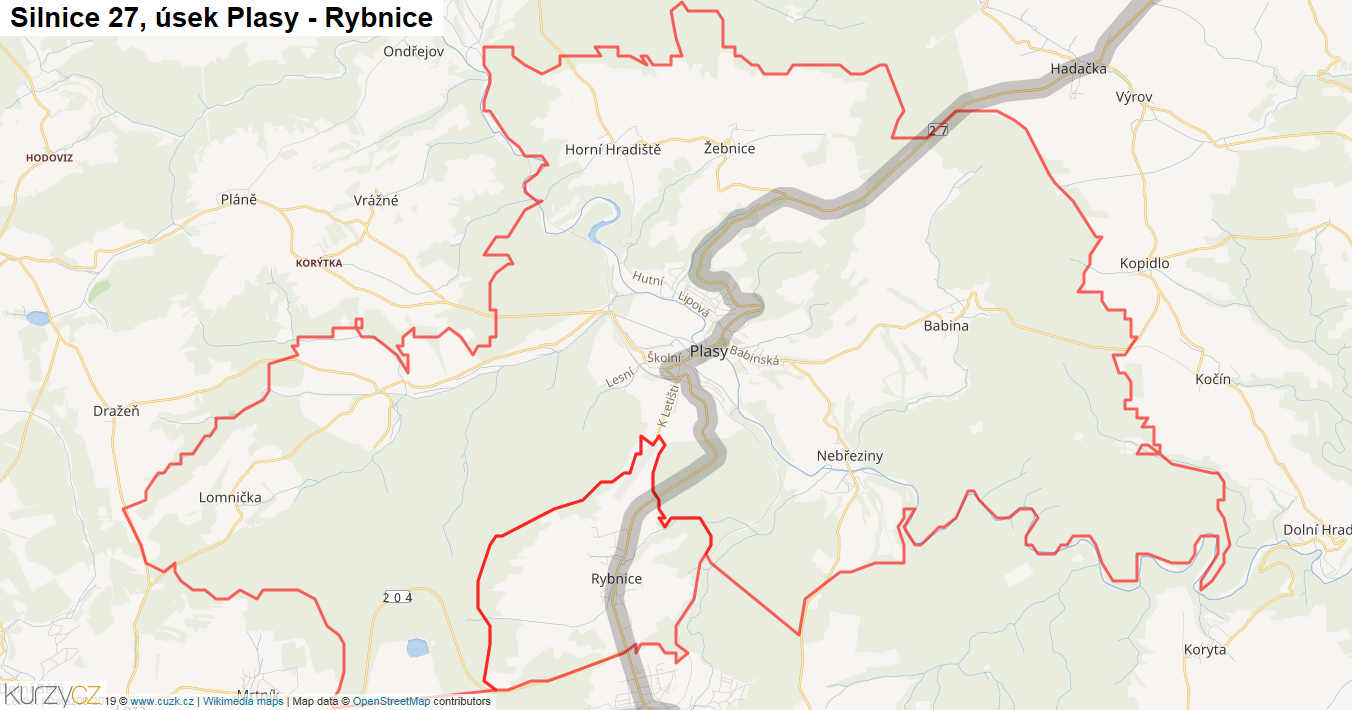 Úsek Plasy - Rybnice, Silnice 27 - Mapa
