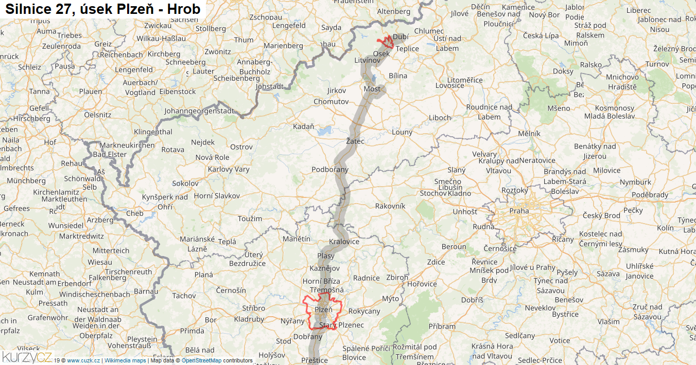 Úsek Plzeň - Hrob, Silnice 27 - Mapa