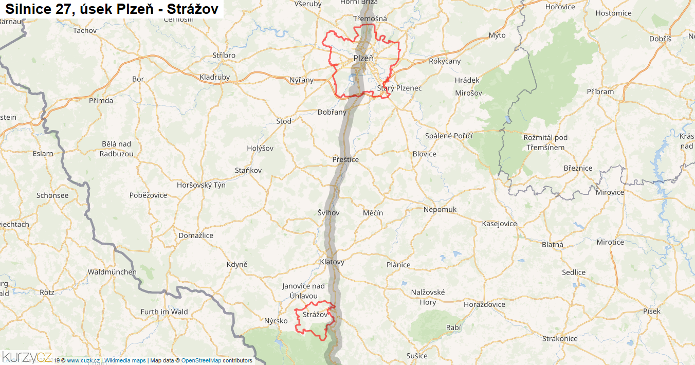 Úsek Plzeň - Strážov, Silnice 27 - Mapa