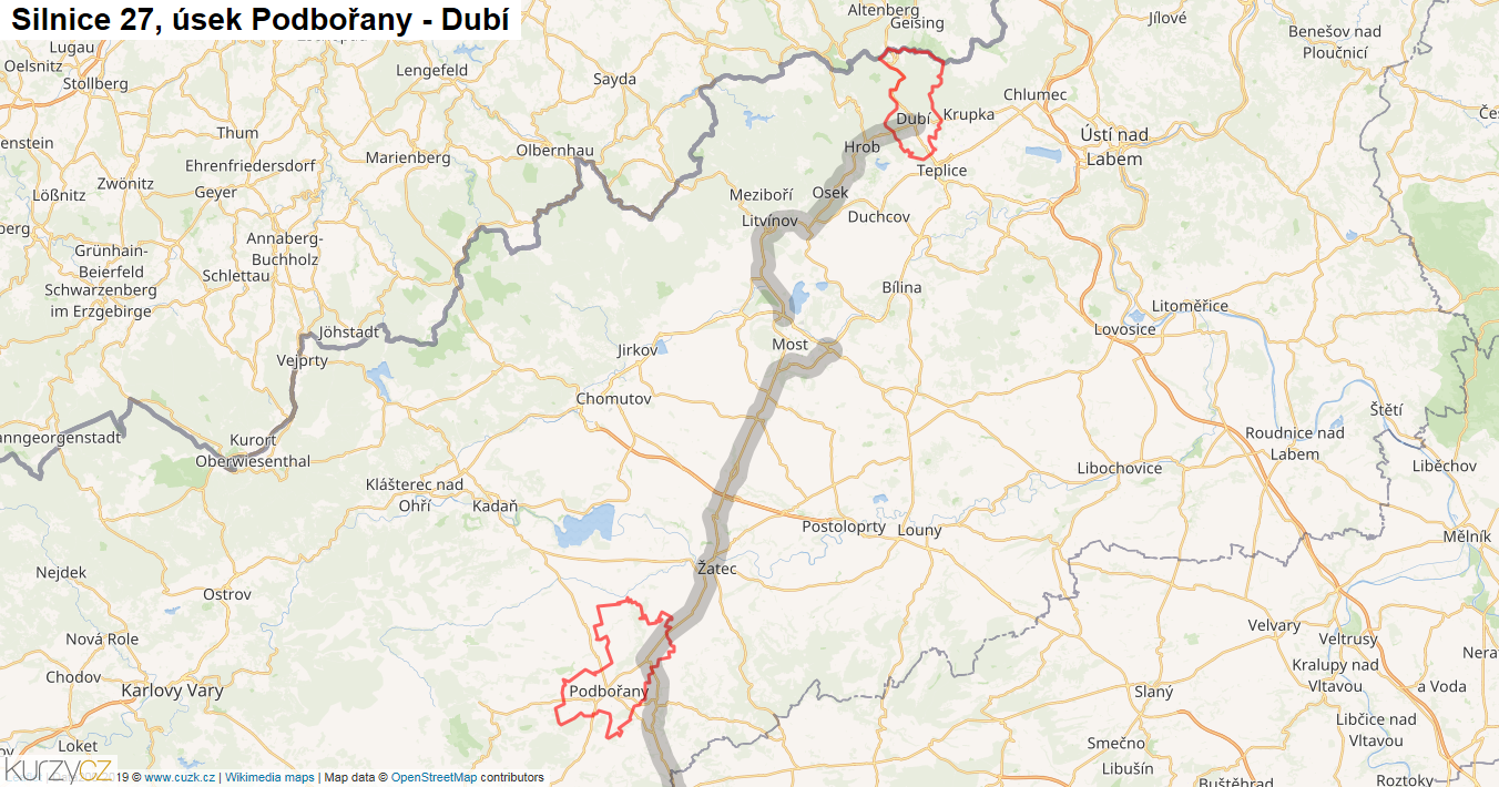 Úsek Podbořany - Dubí, Silnice 27 - Mapa