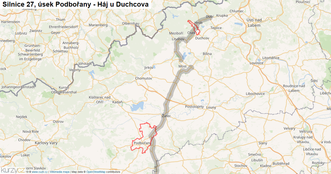 Úsek Podbořany - Háj u Duchcova, Silnice 27 - Mapa