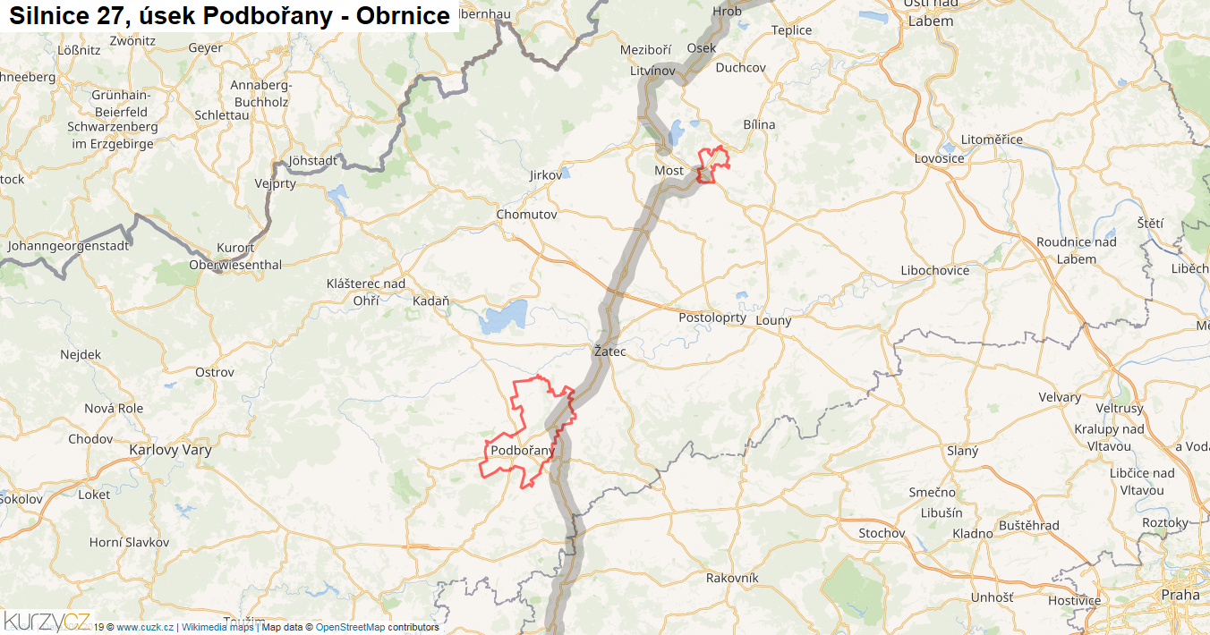 Úsek Podbořany - Obrnice, Silnice 27 - Mapa