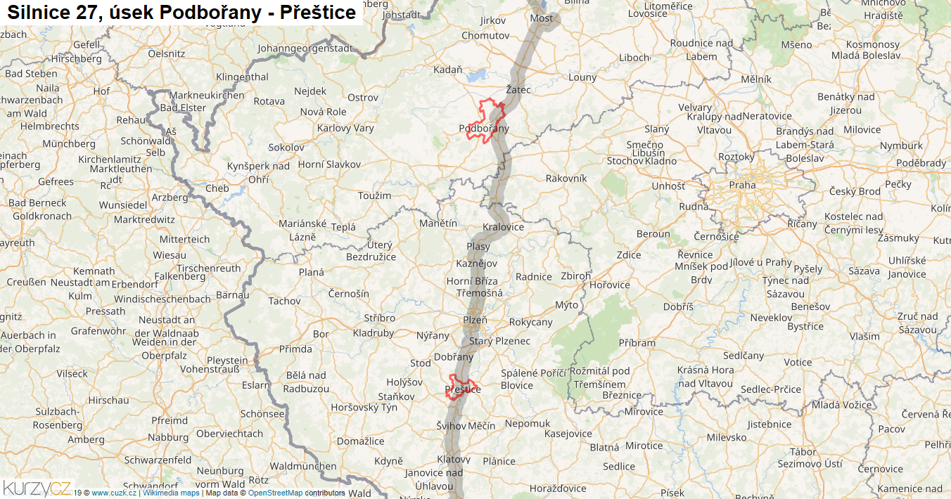 Úsek Podbořany - Přeštice, Silnice 27 - Mapa