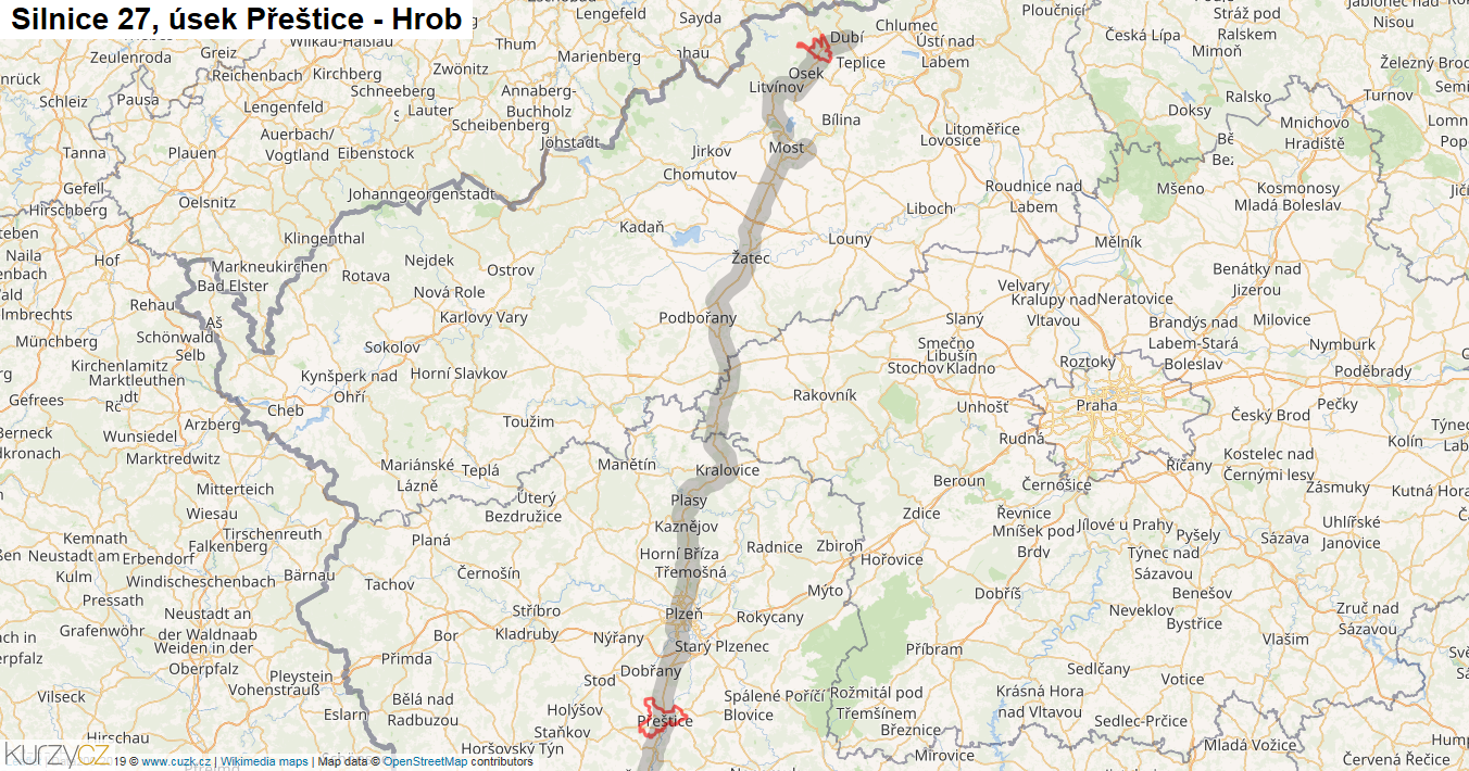 Úsek Přeštice - Hrob, Silnice 27 - Mapa