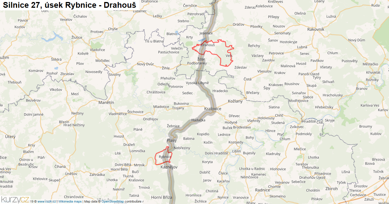 Úsek Rybnice - Drahouš, Silnice 27 - Mapa