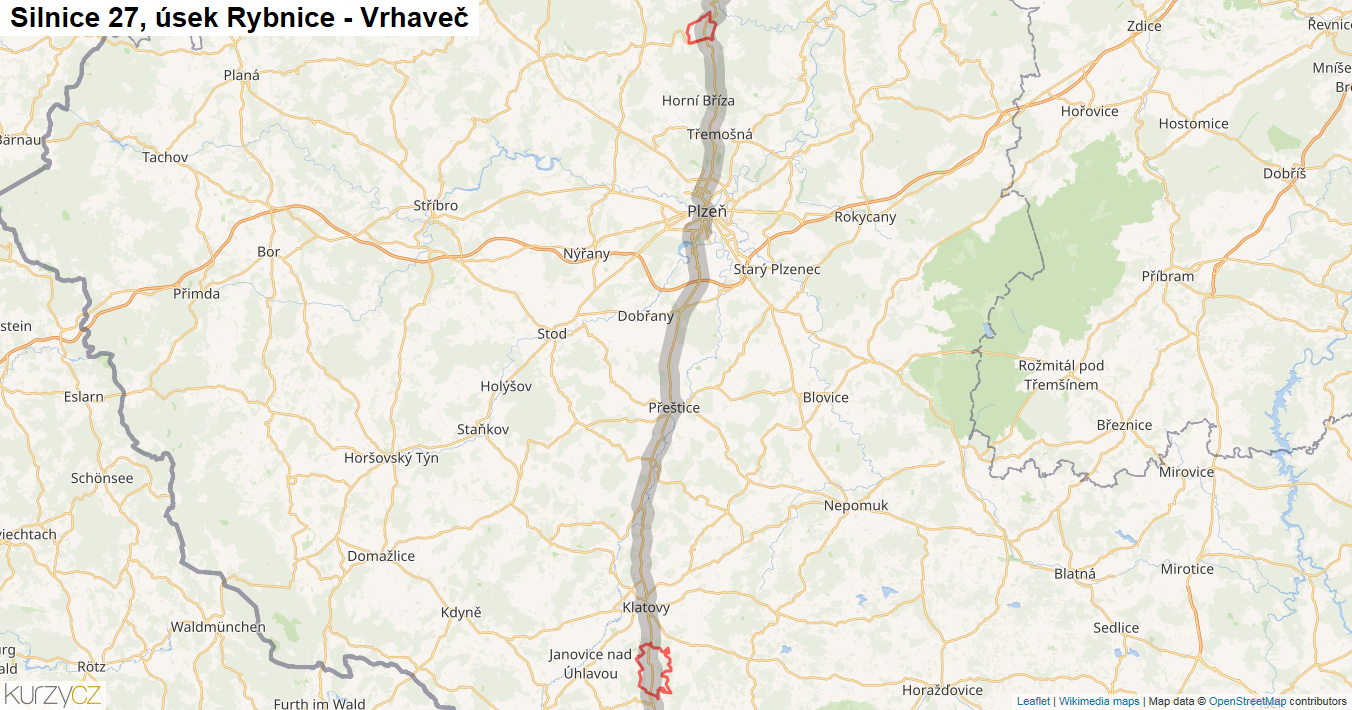 Úsek Rybnice - Vrhaveč, Silnice 27 - Mapa