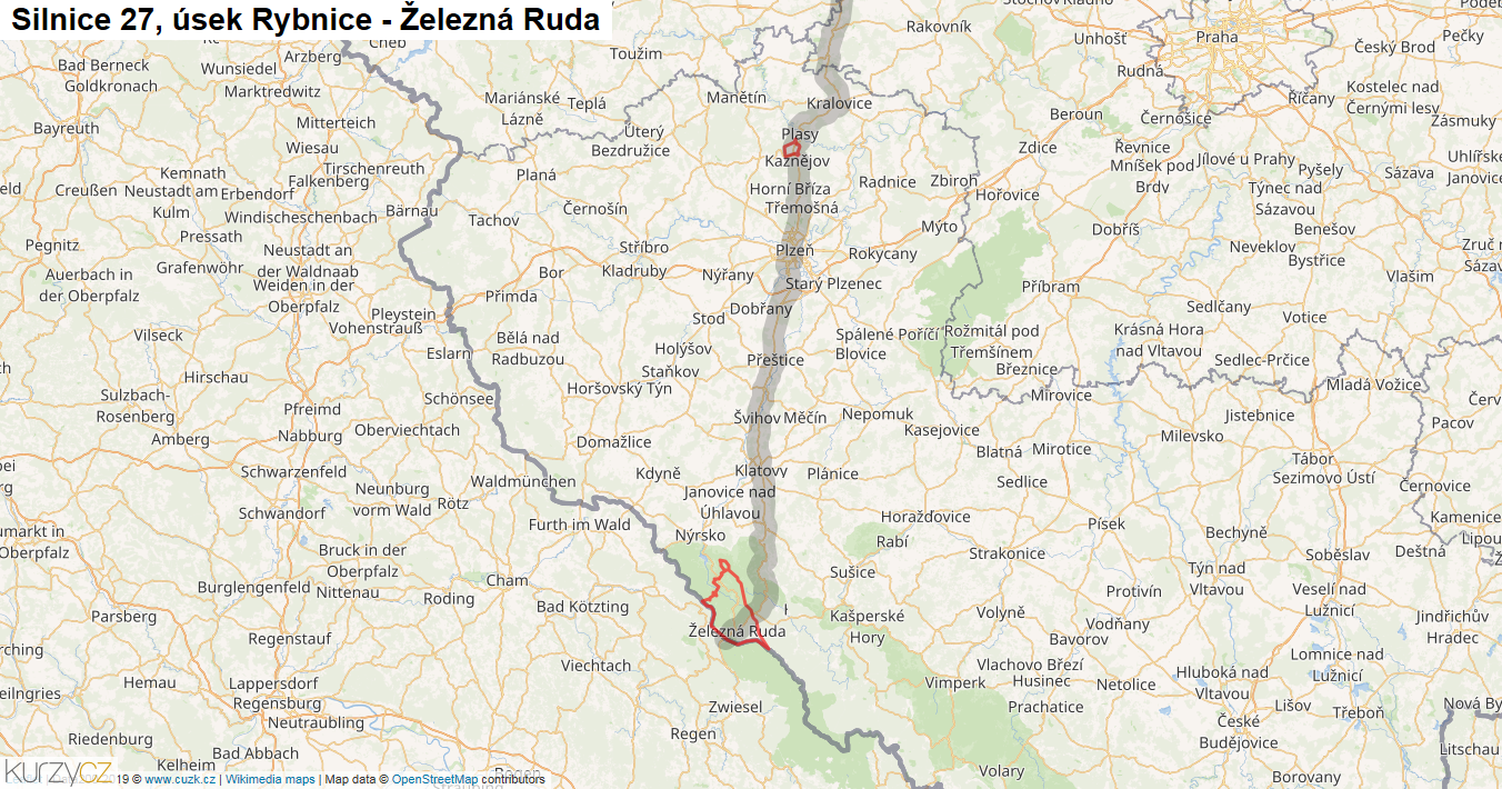 Úsek Rybnice - Železná Ruda, Silnice 27 - Mapa