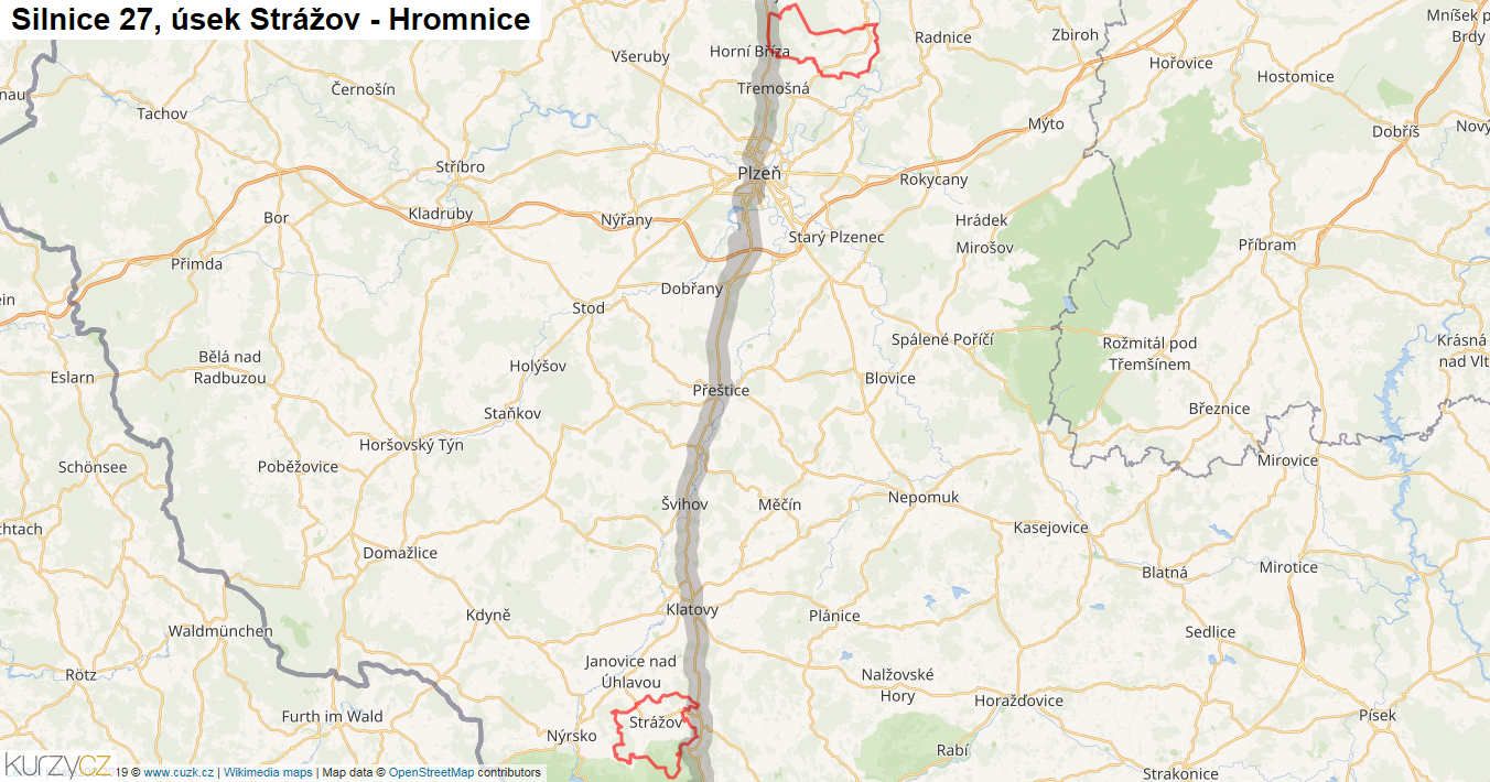 Úsek Strážov - Hromnice, Silnice 27 - Mapa