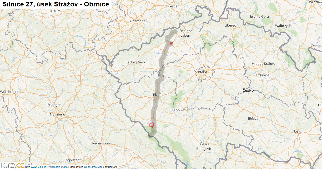 Úsek Strážov - Obrnice, Silnice 27 - Mapa