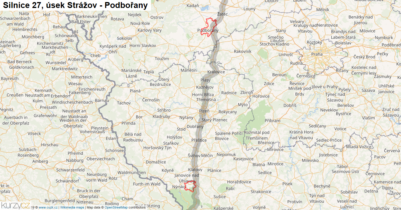 Úsek Strážov - Podbořany, Silnice 27 - Mapa