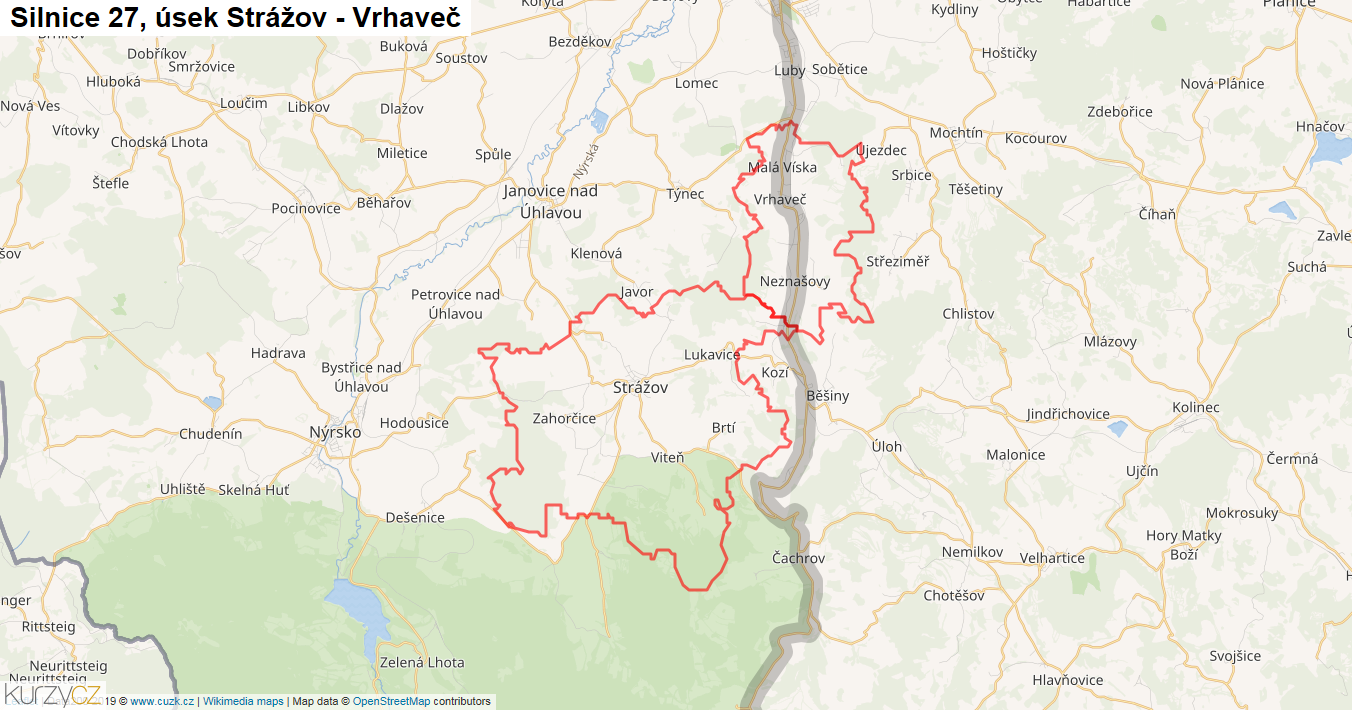 Úsek Strážov - Vrhaveč, Silnice 27 - Mapa