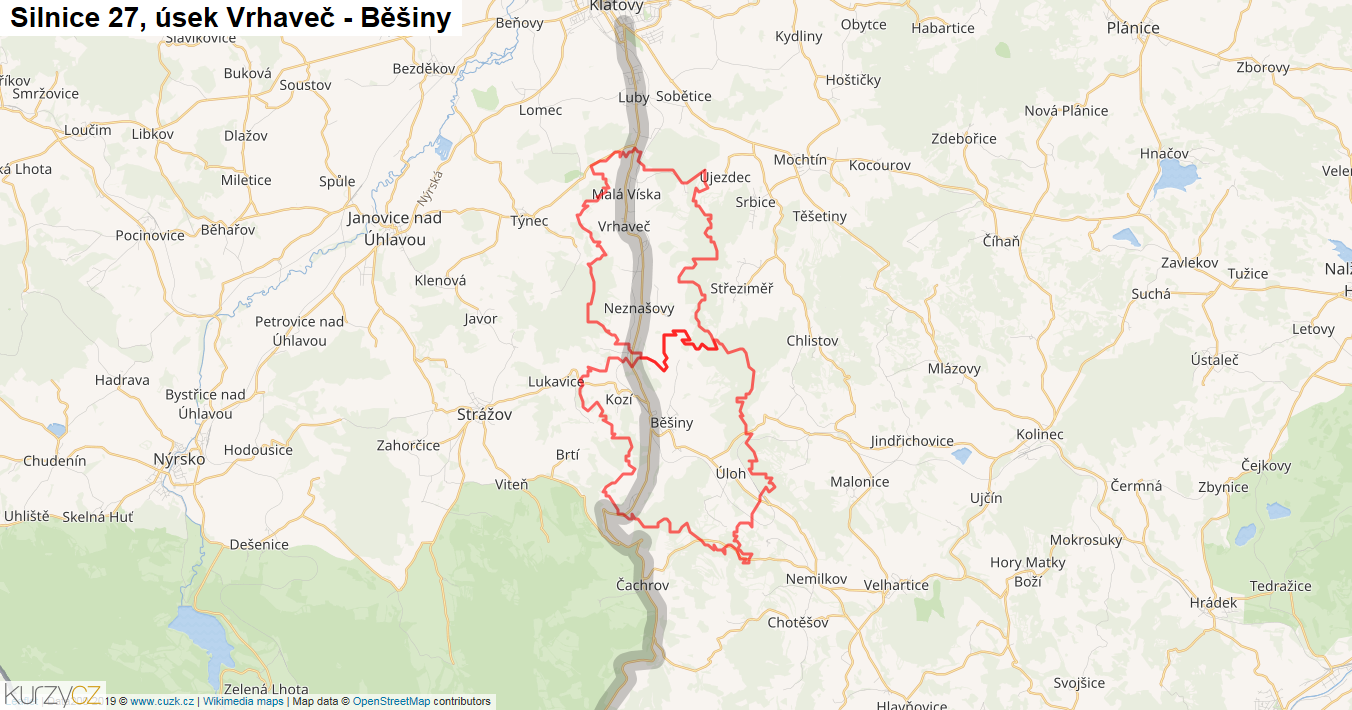 Úsek Vrhaveč - Běšiny, Silnice 27 - Mapa
