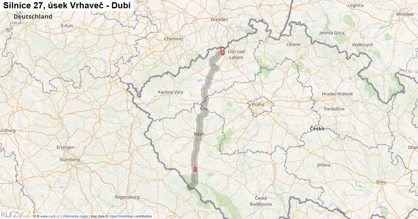 Úsek Vrhaveč - Dubí, Silnice 27 - Mapa