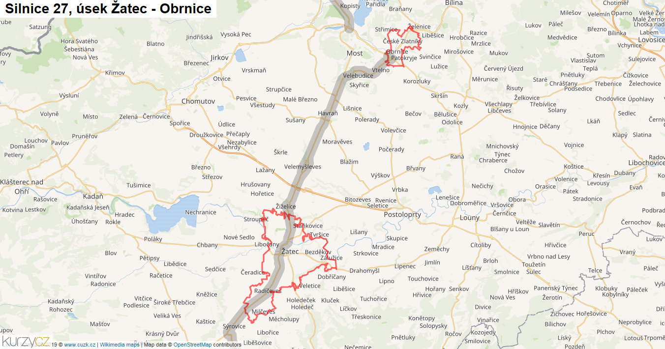 Úsek Žatec - Obrnice, Silnice 27 - Mapa