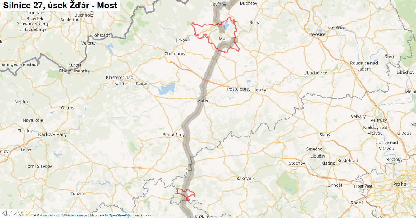 Úsek Žďár - Most, Silnice 27 - Mapa