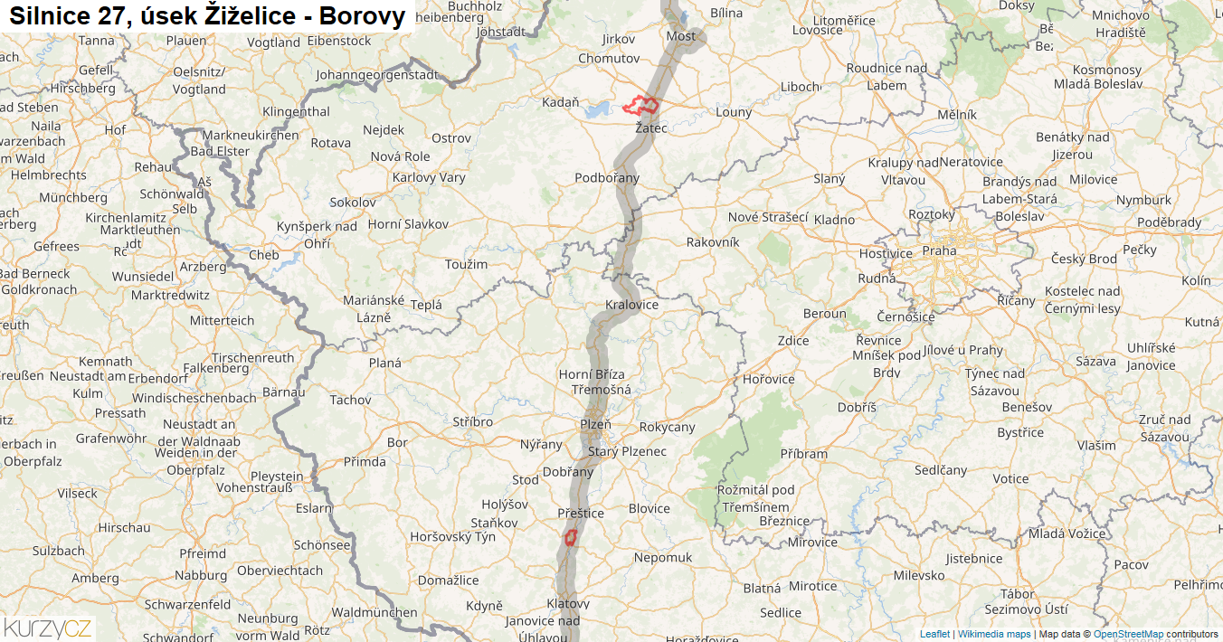 Úsek Žiželice - Borovy, Silnice 27 - Mapa