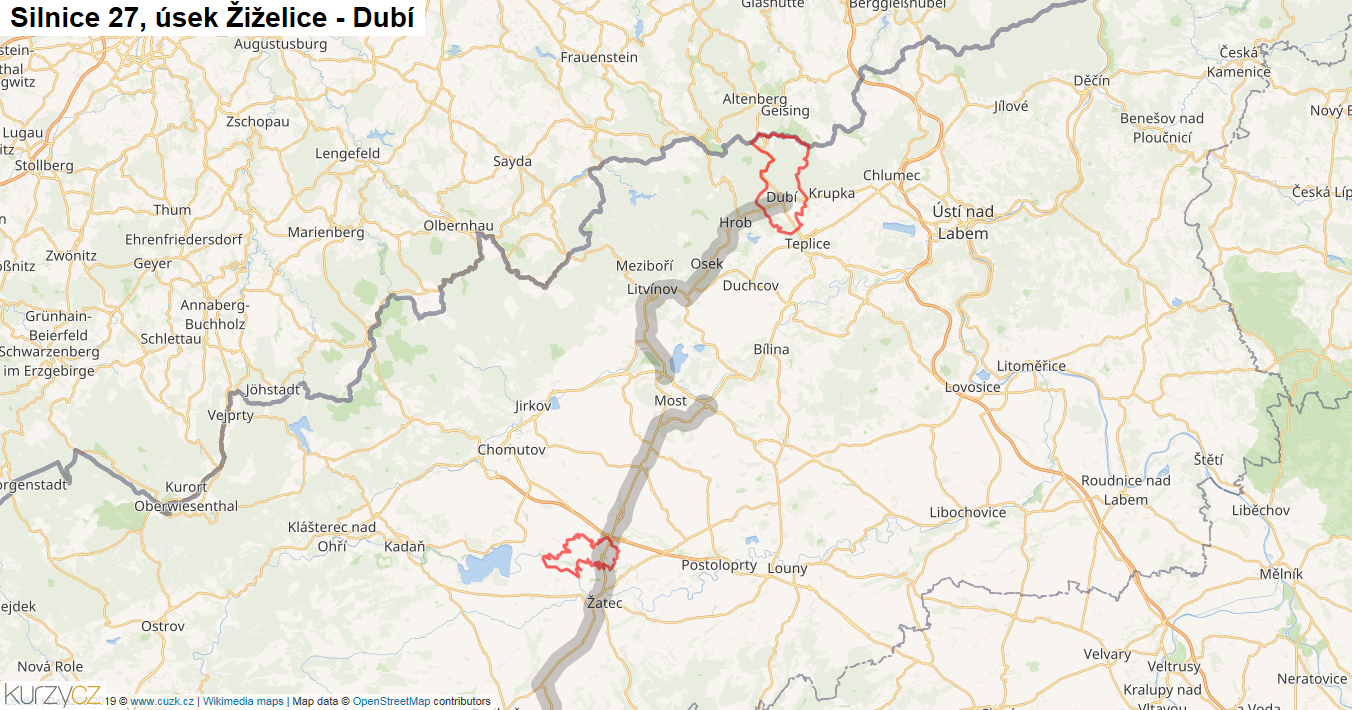 Úsek Žiželice - Dubí, Silnice 27 - Mapa