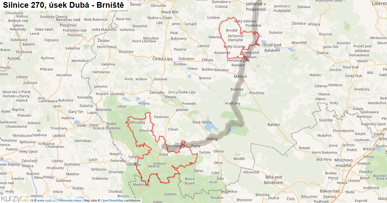 Úsek Dubá - Brniště, Silnice 270 - Mapa