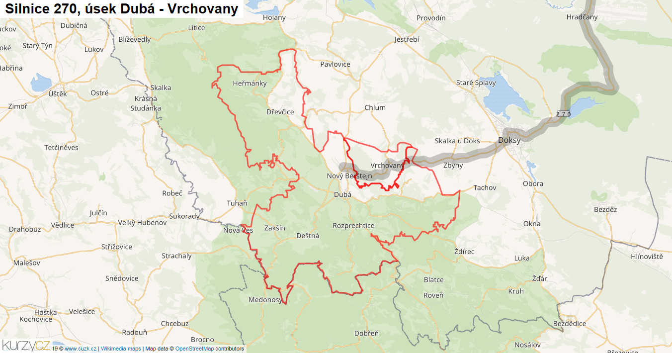 Úsek Dubá - Vrchovany, Silnice 270 - Mapa