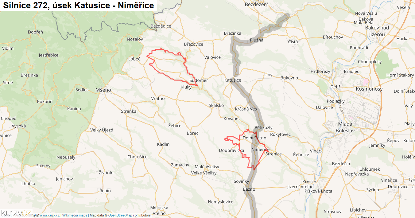 Úsek Katusice - Niměřice, Silnice 272 - Mapa
