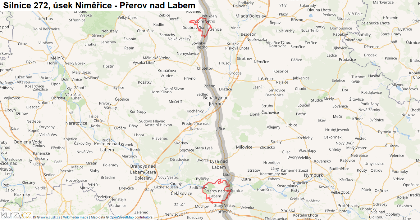 Úsek Niměřice - Přerov nad Labem, Silnice 272 - Mapa