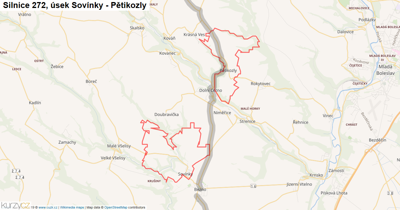 Úsek Sovínky - Pětikozly, Silnice 272 - Mapa