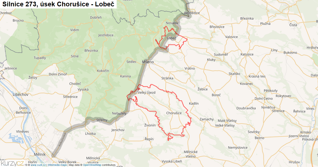 Úsek Chorušice - Lobeč, Silnice 273 - Mapa