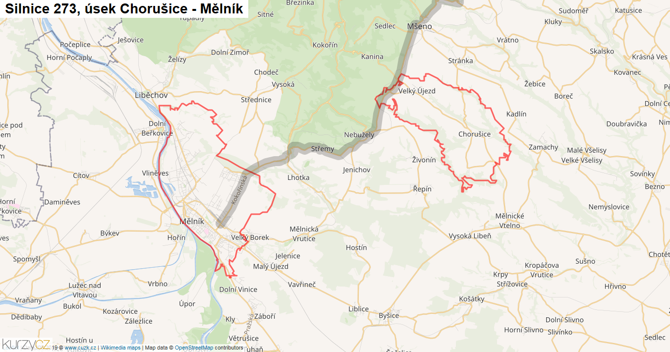 Úsek Chorušice - Mělník, Silnice 273 - Mapa