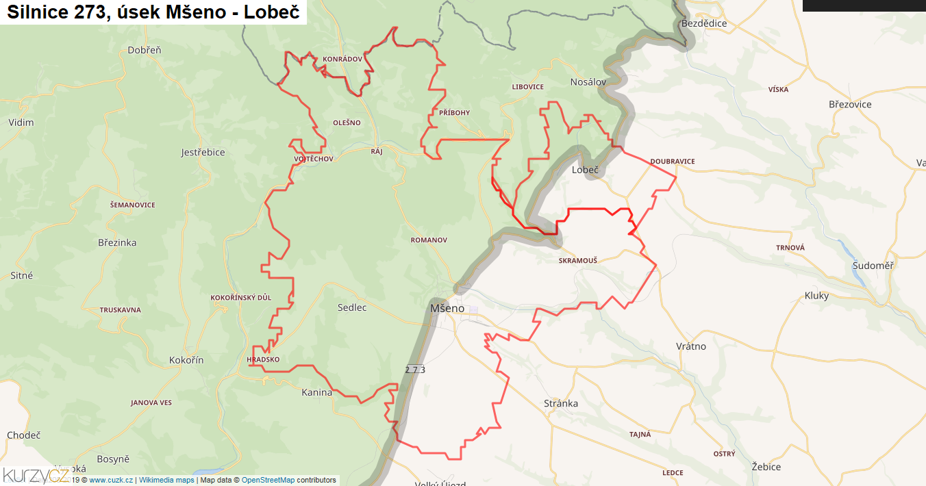 Úsek Mšeno - Lobeč, Silnice 273 - Mapa