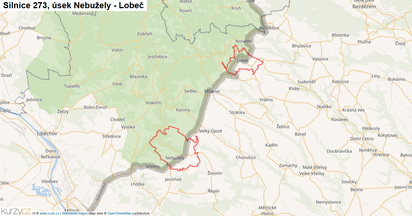 Úsek Nebužely - Lobeč, Silnice 273 - Mapa